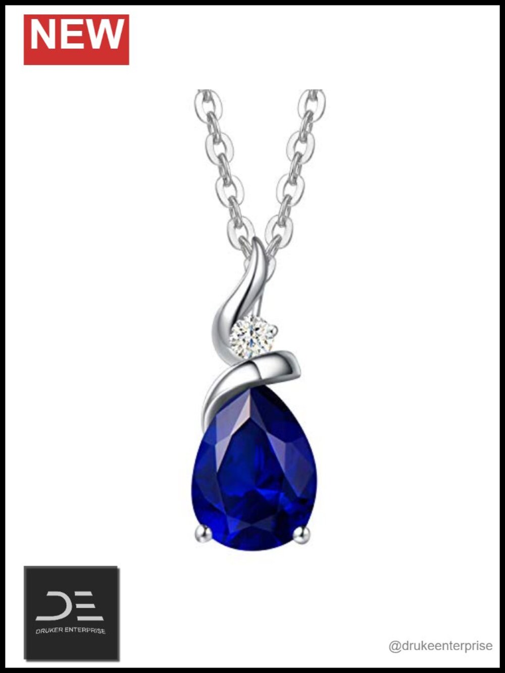 14K White Gold Pendant Necklace Pear Created Sapphire Diamond Accent Sterling